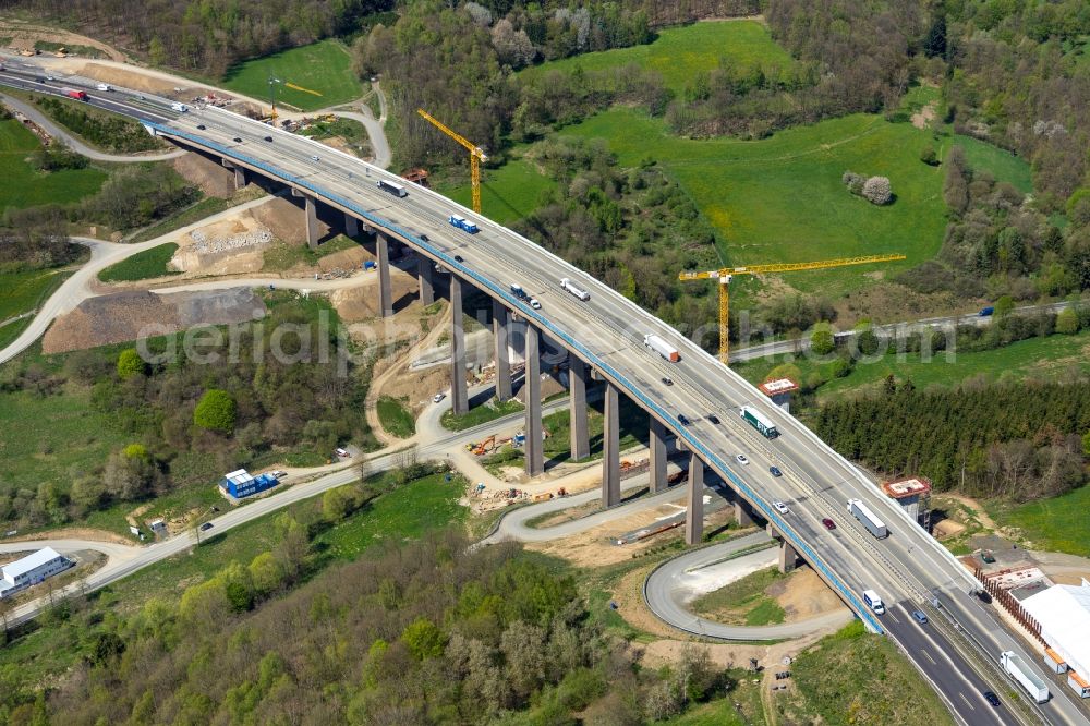 Aerial image Rinsdorf - Construction site for the rehabilitation and repair of the motorway bridge construction Talbruecke Rinsdorf in Rinsdorf at Siegerland in the state North Rhine-Westphalia, Germany