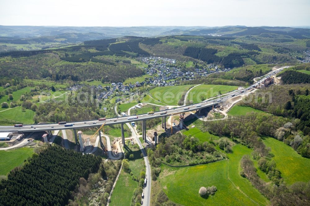 Rinsdorf from above - Construction site for the rehabilitation and repair of the motorway bridge construction Talbruecke Rinsdorf in Rinsdorf at Siegerland in the state North Rhine-Westphalia, Germany