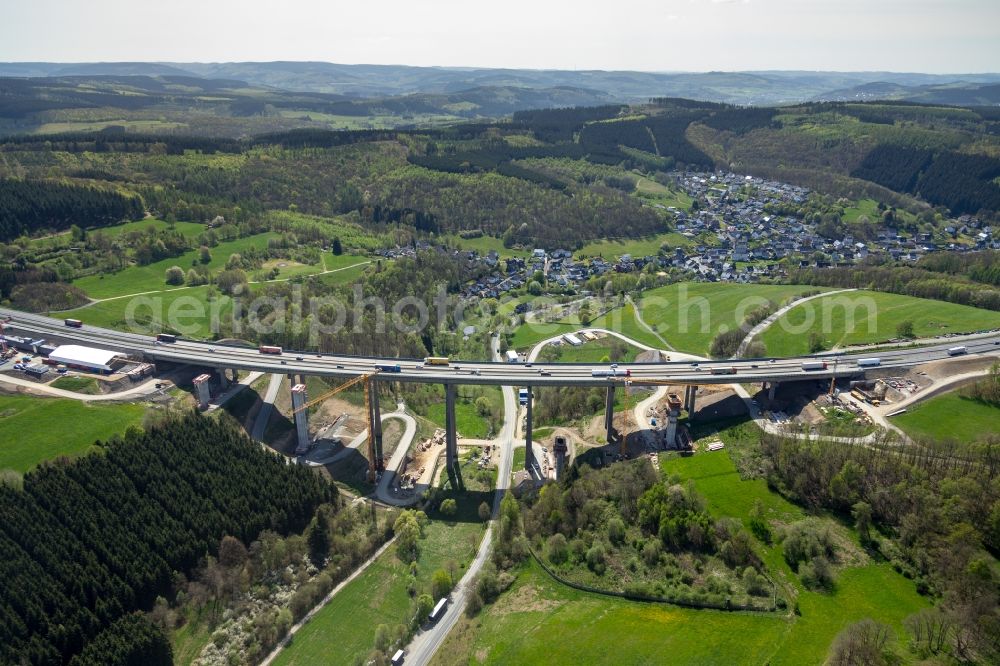 Rinsdorf from the bird's eye view: Construction site for the rehabilitation and repair of the motorway bridge construction Talbruecke Rinsdorf in Rinsdorf at Siegerland in the state North Rhine-Westphalia, Germany