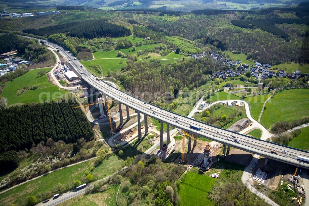 Aerial image Rinsdorf - Construction site for the rehabilitation and repair of the motorway bridge construction Talbruecke Rinsdorf in Rinsdorf at Siegerland in the state North Rhine-Westphalia, Germany