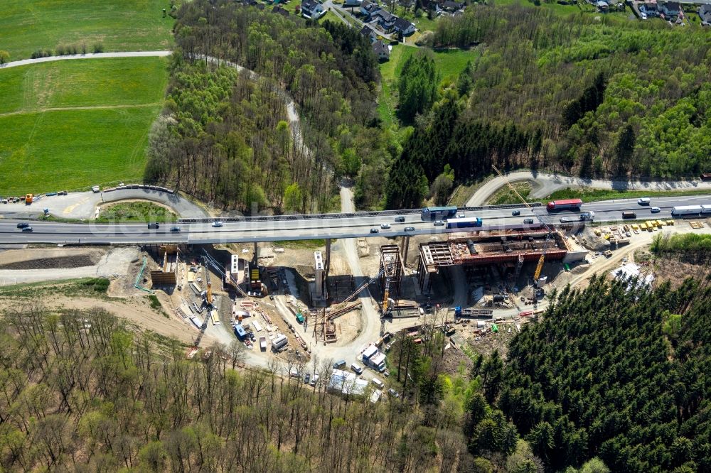 Aerial photograph Rinsdorf - Construction site for the rehabilitation and repair of the motorway bridge construction Talbruecke Rinsdorf in Rinsdorf at Siegerland in the state North Rhine-Westphalia, Germany