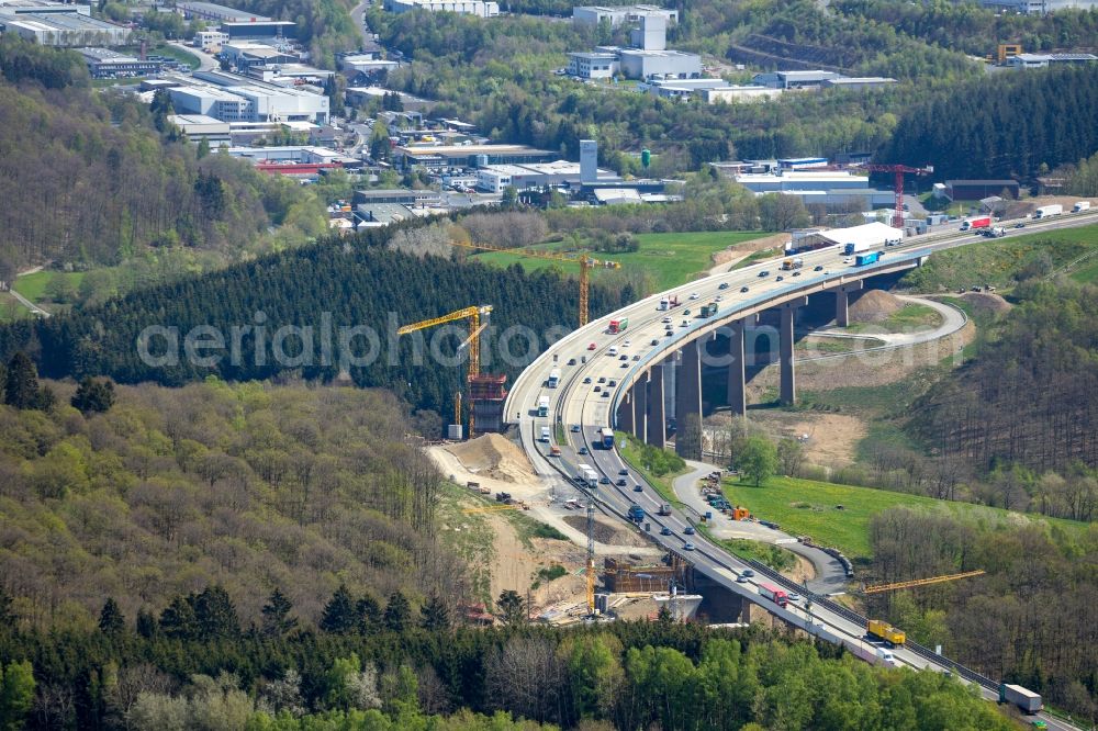 Aerial image Rinsdorf - Construction site for the rehabilitation and repair of the motorway bridge construction Talbruecke Rinsdorf in Rinsdorf at Siegerland in the state North Rhine-Westphalia, Germany