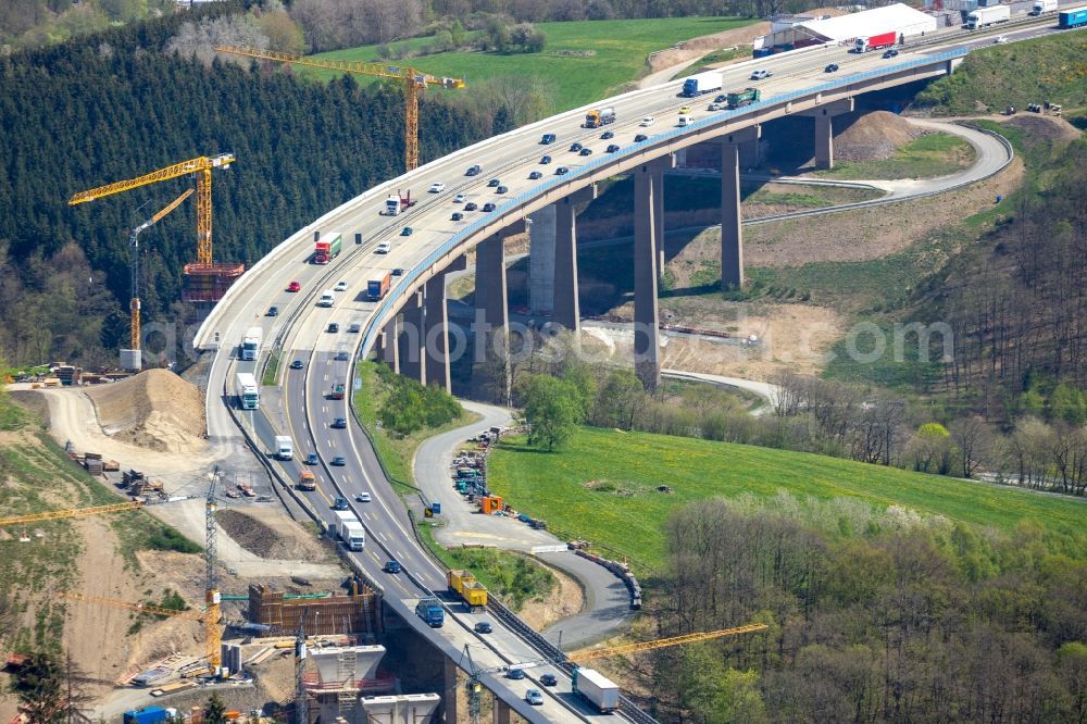 Rinsdorf from above - Construction site for the rehabilitation and repair of the motorway bridge construction Talbruecke Rinsdorf in Rinsdorf at Siegerland in the state North Rhine-Westphalia, Germany