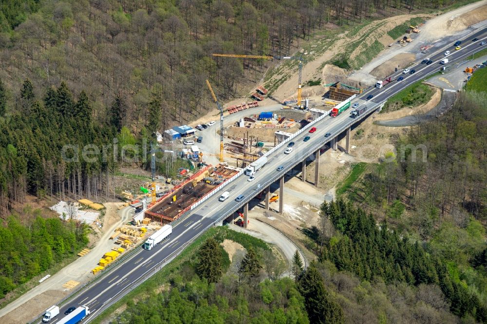 Rinsdorf from the bird's eye view: Construction site for the rehabilitation and repair of the motorway bridge construction Talbruecke Rinsdorf in Rinsdorf at Siegerland in the state North Rhine-Westphalia, Germany