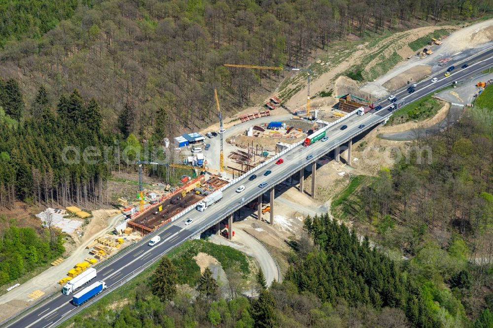 Aerial image Rinsdorf - Construction site for the rehabilitation and repair of the motorway bridge construction Talbruecke Rinsdorf in Rinsdorf at Siegerland in the state North Rhine-Westphalia, Germany