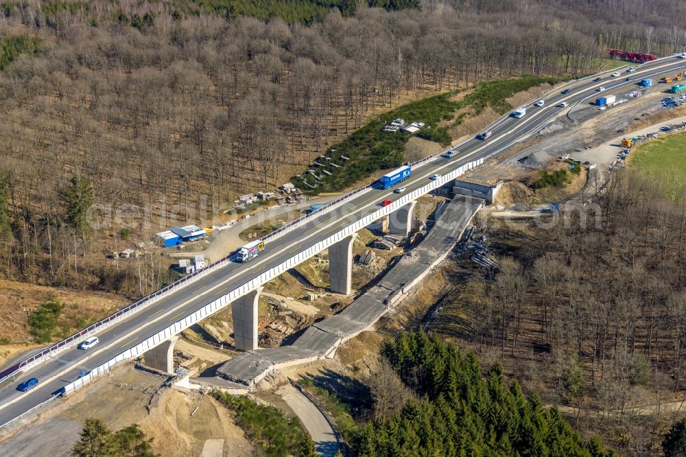 Aerial photograph Rinsdorf - Construction site for the rehabilitation and repair of the motorway bridge construction Talbruecke Rinsdorf in Rinsdorf at Siegerland in the state North Rhine-Westphalia, Germany