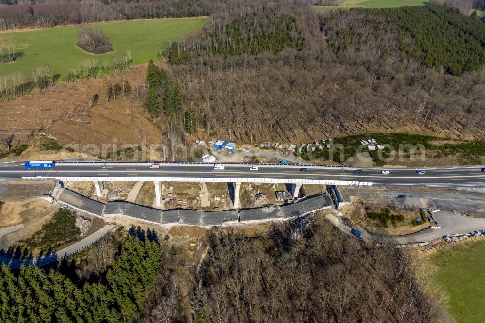 Rinsdorf from the bird's eye view: Construction site for the rehabilitation and repair of the motorway bridge construction Talbruecke Rinsdorf in Rinsdorf at Siegerland in the state North Rhine-Westphalia, Germany