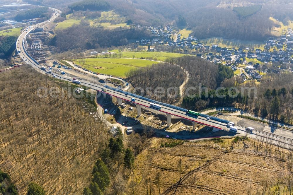 Aerial photograph Rinsdorf - Construction site for the rehabilitation and repair of the motorway bridge construction Talbruecke Rinsdorf in Rinsdorf at Siegerland in the state North Rhine-Westphalia, Germany