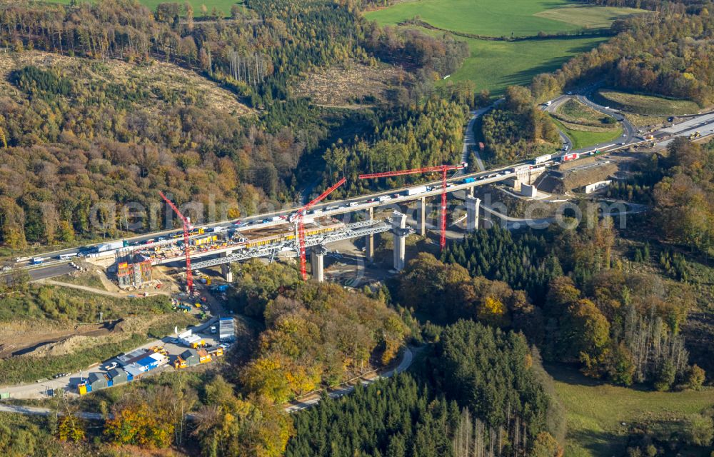 Sterbecke from above - Construction site for the rehabilitation and repair of the motorway bridge construction Talbruecke Sterbecke in Sterbecke in the state North Rhine-Westphalia, Germany