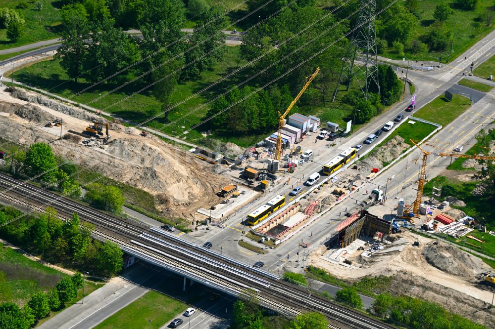 Berlin from above - Construction site for the rehabilitation and repair of the motorway bridge construction Wuhletalbruecke on street Maerkische Allee in the district Marzahn in Berlin, Germany