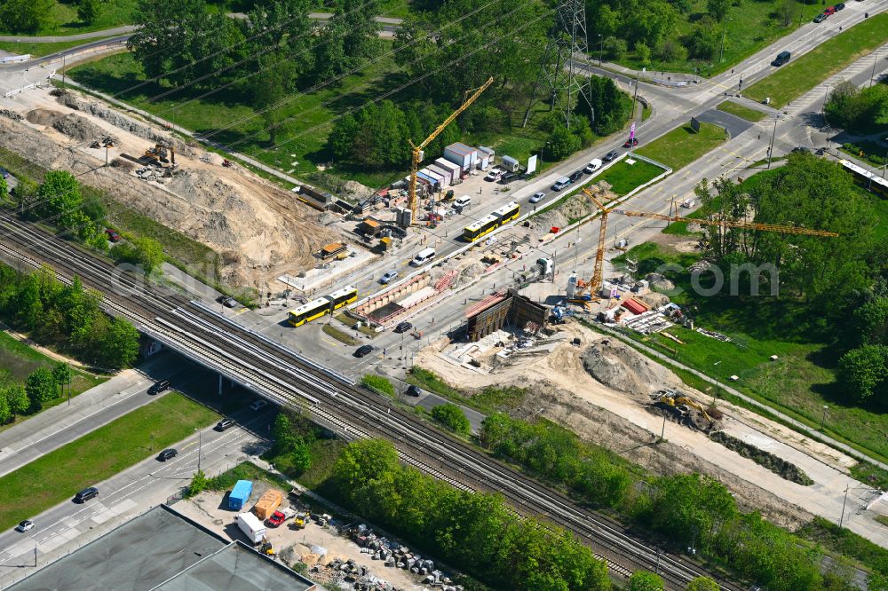 Berlin from the bird's eye view: Construction site for the rehabilitation and repair of the motorway bridge construction Wuhletalbruecke on street Maerkische Allee in the district Marzahn in Berlin, Germany