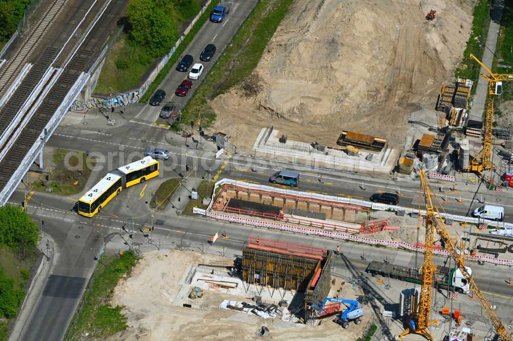 Berlin from above - Construction site for the rehabilitation and repair of the motorway bridge construction Wuhletalbruecke on street Maerkische Allee in the district Marzahn in Berlin, Germany