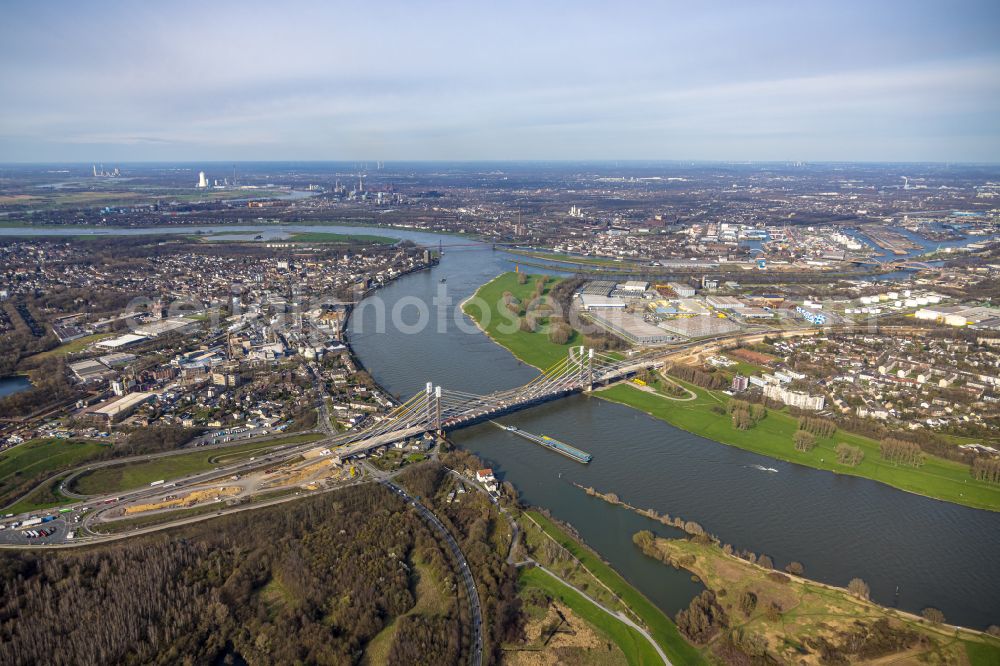 Duisburg from above - Construction site for the rehabilitation and repair of the motorway bridge construction Rheinbruecke Duisburg-Neuenkamp on street Brueckenstrasse in the district Homberg in Duisburg at Ruhrgebiet in the state North Rhine-Westphalia, Germany