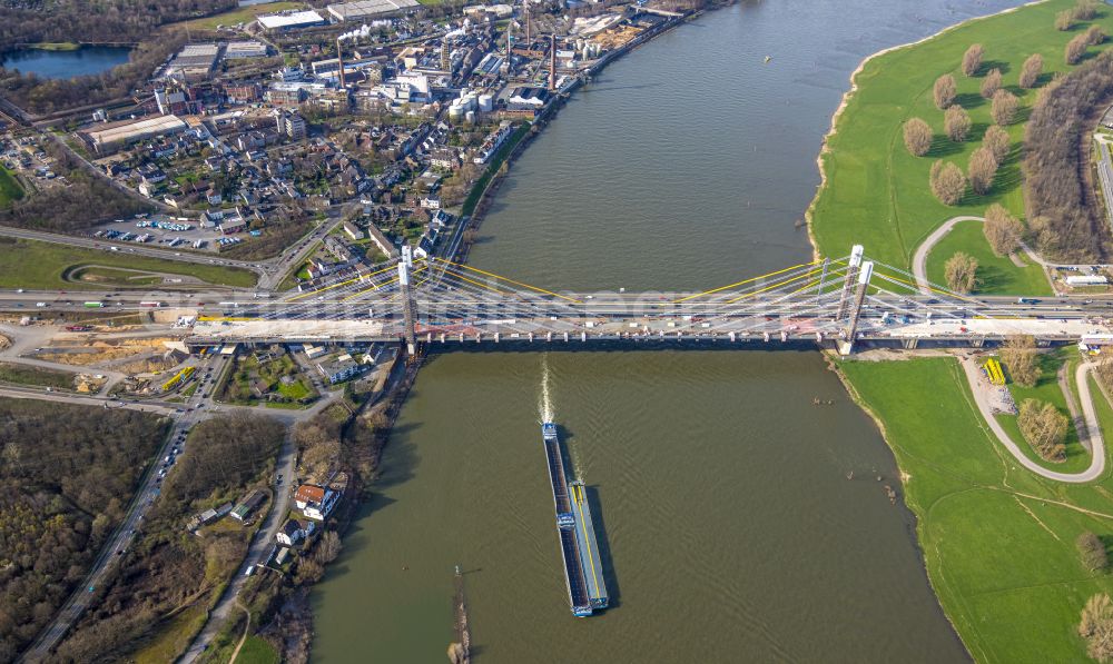 Aerial image Duisburg - Construction site for the rehabilitation and repair of the motorway bridge construction Rheinbruecke Duisburg-Neuenkamp on street Brueckenstrasse in the district Homberg in Duisburg at Ruhrgebiet in the state North Rhine-Westphalia, Germany