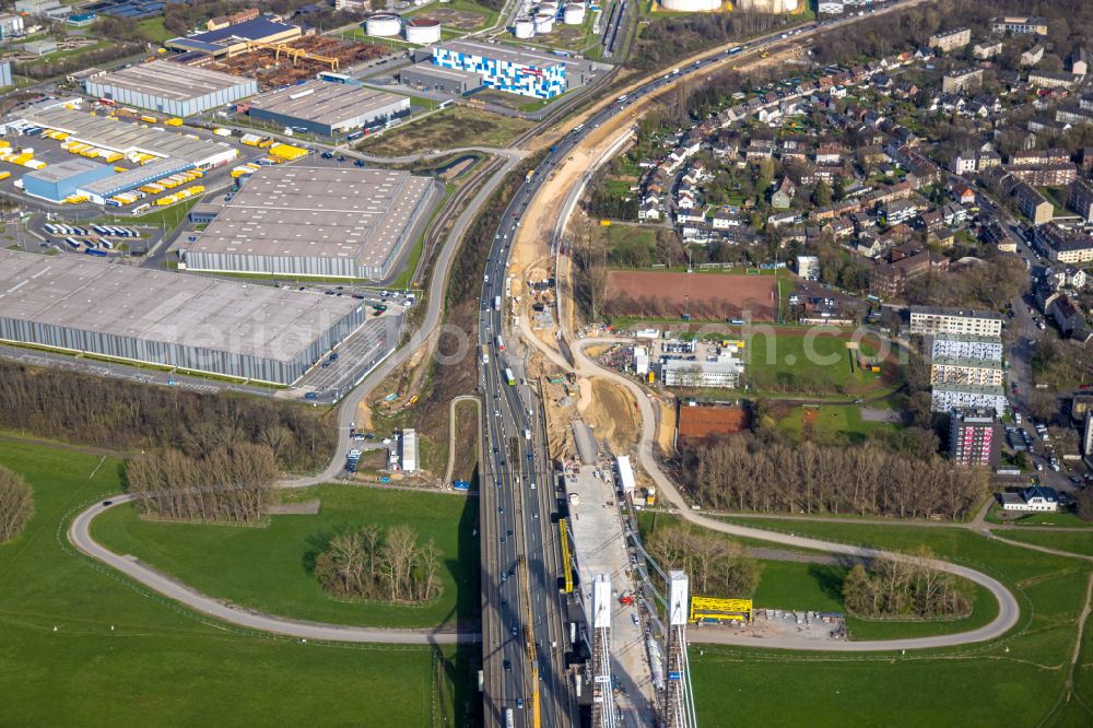 Duisburg from the bird's eye view: Construction site for the rehabilitation and repair of the motorway bridge construction Rheinbruecke Duisburg-Neuenkamp on street Brueckenstrasse in the district Homberg in Duisburg at Ruhrgebiet in the state North Rhine-Westphalia, Germany