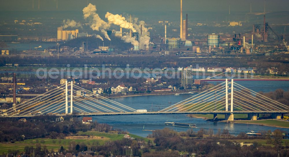 Aerial image Duisburg - Construction site for the rehabilitation and repair of the motorway bridge construction Rheinbruecke Duisburg-Neuenkamp on street Brueckenstrasse in the district Homberg in Duisburg at Ruhrgebiet in the state North Rhine-Westphalia, Germany