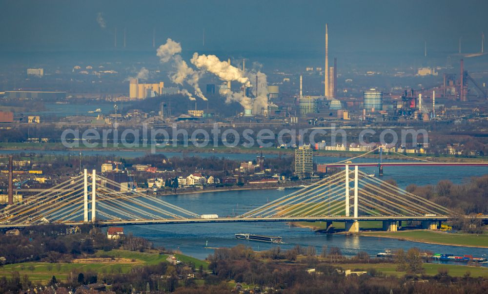 Aerial image Duisburg - Construction site for the rehabilitation and repair of the motorway bridge construction Rheinbruecke Duisburg-Neuenkamp on street Brueckenstrasse in the district Homberg in Duisburg at Ruhrgebiet in the state North Rhine-Westphalia, Germany