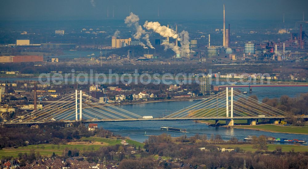 Duisburg from above - Construction site for the rehabilitation and repair of the motorway bridge construction Rheinbruecke Duisburg-Neuenkamp on street Brueckenstrasse in the district Homberg in Duisburg at Ruhrgebiet in the state North Rhine-Westphalia, Germany