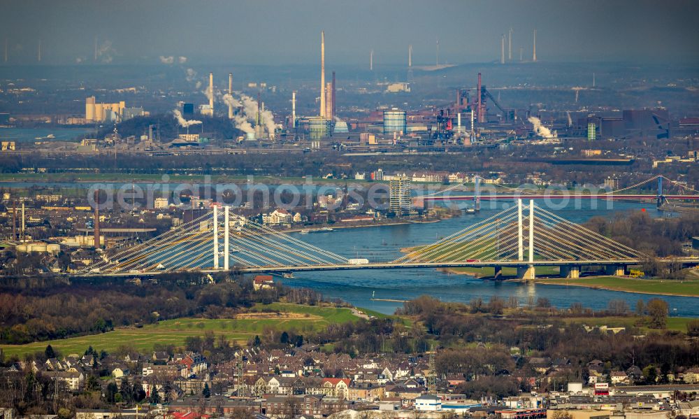 Duisburg from the bird's eye view: Construction site for the rehabilitation and repair of the motorway bridge construction Rheinbruecke Duisburg-Neuenkamp on street Brueckenstrasse in the district Homberg in Duisburg at Ruhrgebiet in the state North Rhine-Westphalia, Germany