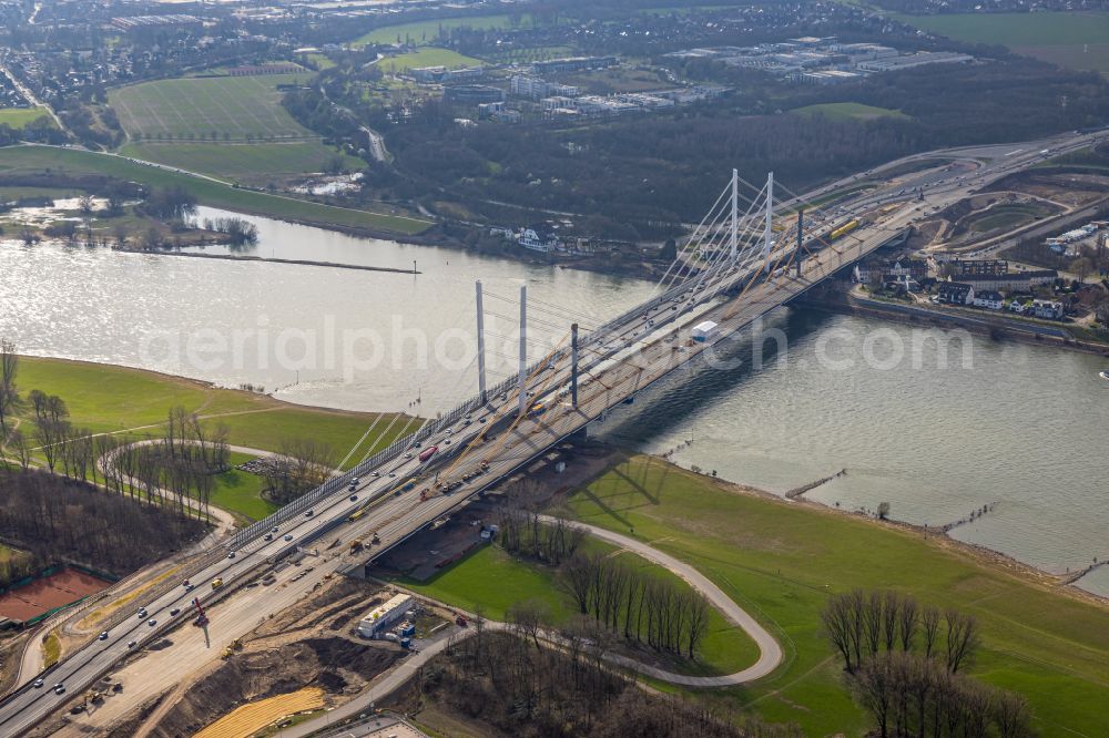 Duisburg from the bird's eye view: Construction site for the rehabilitation and repair of the motorway bridge construction Rheinbruecke Duisburg-Neuenkamp on street Brueckenstrasse in the district Homberg in Duisburg at Ruhrgebiet in the state North Rhine-Westphalia, Germany