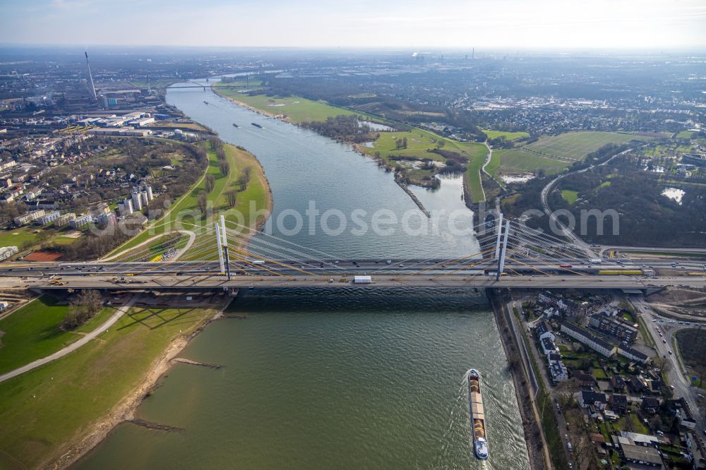 Aerial image Duisburg - Construction site for the rehabilitation and repair of the motorway bridge construction Rheinbruecke Duisburg-Neuenkamp on street Brueckenstrasse in the district Homberg in Duisburg at Ruhrgebiet in the state North Rhine-Westphalia, Germany