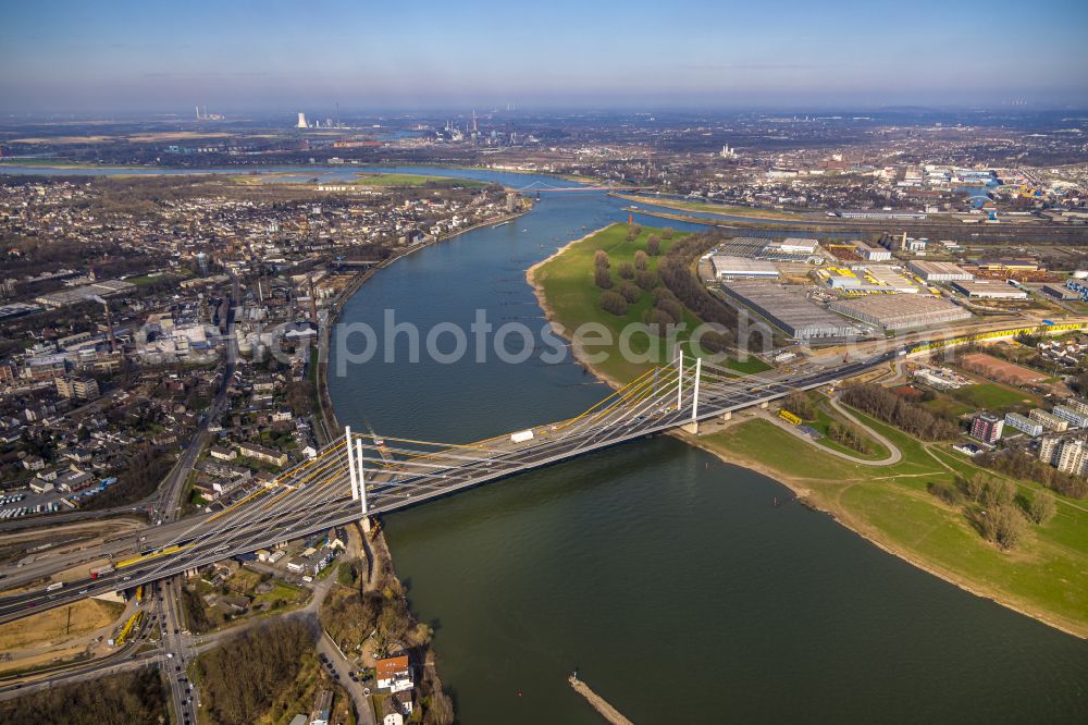 Duisburg from above - Construction site for the rehabilitation and repair of the motorway bridge construction Rheinbruecke Duisburg-Neuenkamp on street Brueckenstrasse in the district Homberg in Duisburg at Ruhrgebiet in the state North Rhine-Westphalia, Germany