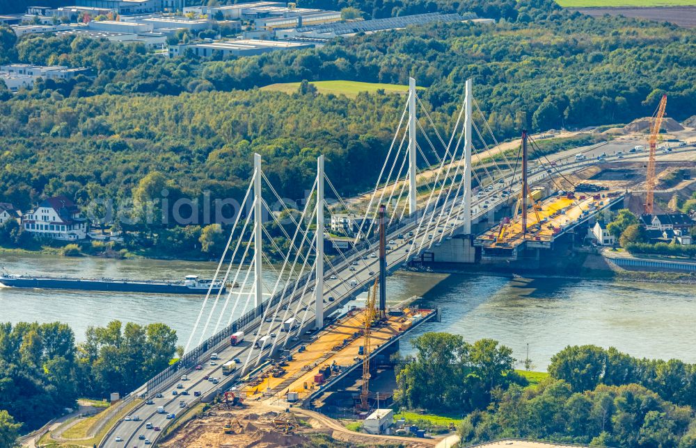 Aerial photograph Duisburg - Construction site for the rehabilitation and repair of the motorway bridge construction Rheinbruecke Duisburg-Neuenkamp on street Brueckenstrasse in the district Homberg in Duisburg at Ruhrgebiet in the state North Rhine-Westphalia, Germany