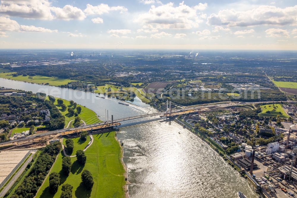 Aerial image Duisburg - Construction site for the rehabilitation and repair of the motorway bridge construction Rheinbruecke Duisburg-Neuenkamp on street Brueckenstrasse in the district Homberg in Duisburg at Ruhrgebiet in the state North Rhine-Westphalia, Germany