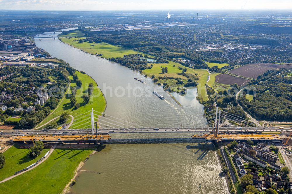 Aerial photograph Duisburg - Construction site for the rehabilitation and repair of the motorway bridge construction Rheinbruecke Duisburg-Neuenkamp on street Brueckenstrasse in the district Homberg in Duisburg at Ruhrgebiet in the state North Rhine-Westphalia, Germany