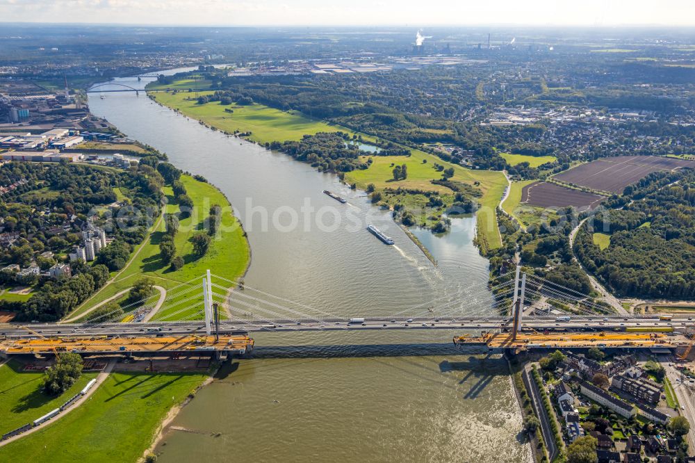 Duisburg from above - Construction site for the rehabilitation and repair of the motorway bridge construction Rheinbruecke Duisburg-Neuenkamp on street Brueckenstrasse in the district Homberg in Duisburg at Ruhrgebiet in the state North Rhine-Westphalia, Germany