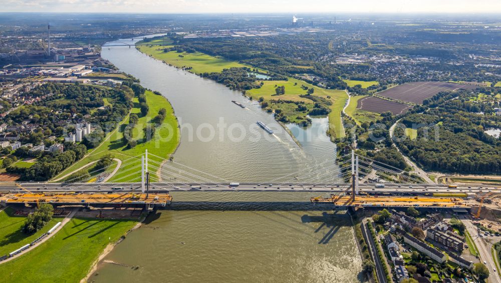 Duisburg from above - Construction site for the rehabilitation and repair of the motorway bridge construction Rheinbruecke Duisburg-Neuenkamp on street Brueckenstrasse in the district Homberg in Duisburg at Ruhrgebiet in the state North Rhine-Westphalia, Germany