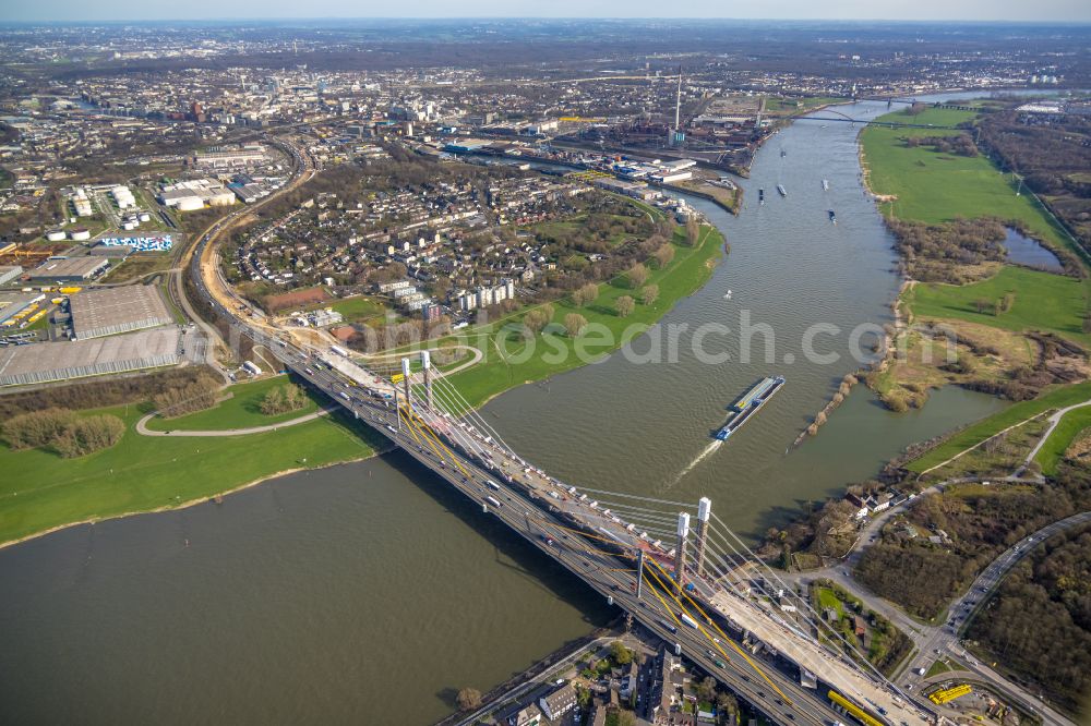 Aerial image Duisburg - Construction site for the rehabilitation and repair of the motorway bridge construction Rheinbruecke Duisburg-Neuenkamp in the district Homberg in Duisburg at Ruhrgebiet in the state North Rhine-Westphalia, Germany