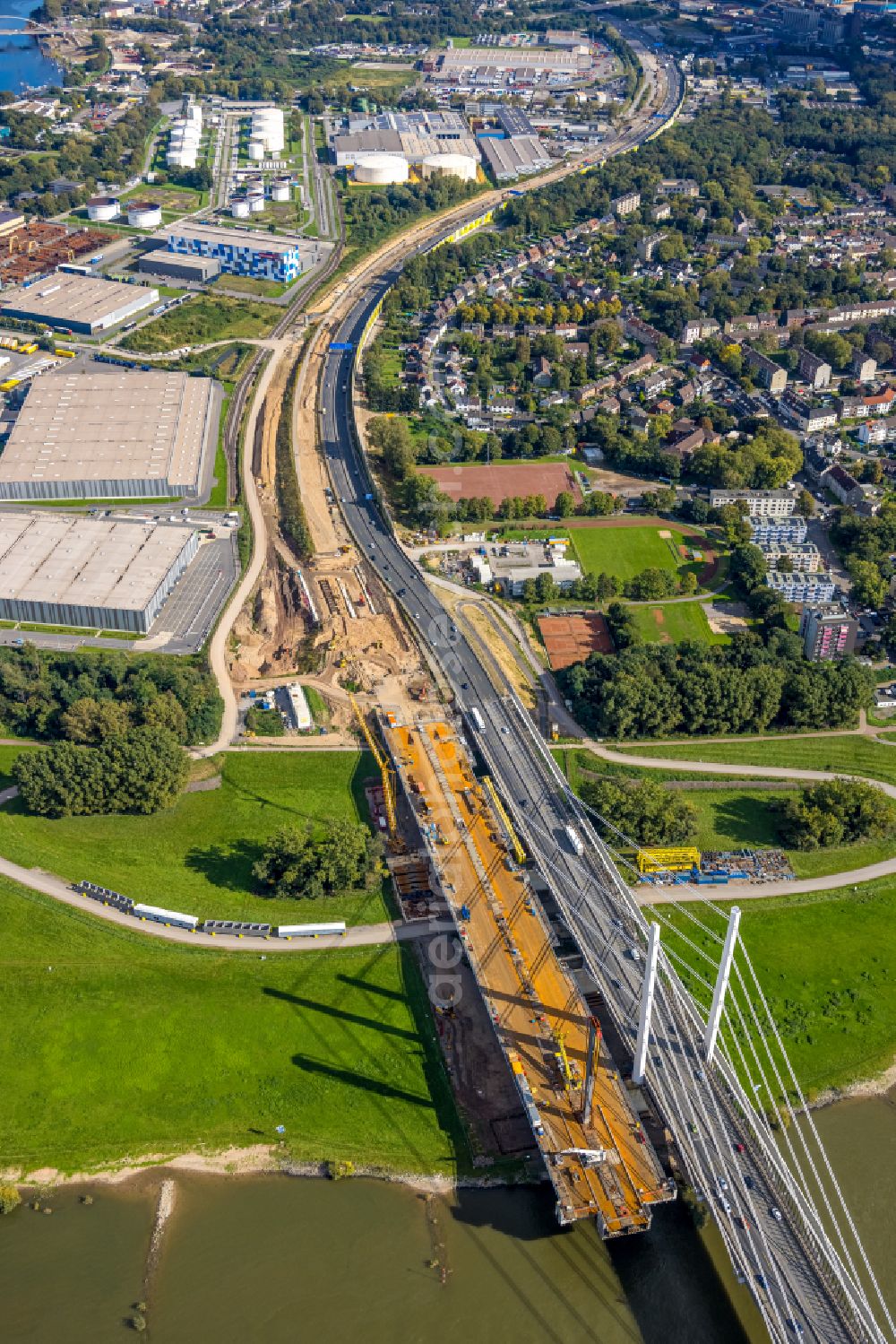 Duisburg from above - Construction site for the rehabilitation and repair of the motorway bridge construction Rheinbruecke Duisburg-Neuenkamp in the district Kasslerfeld in Duisburg at Ruhrgebiet in the state North Rhine-Westphalia, Germany