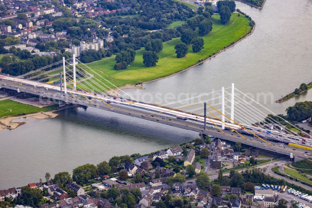 Duisburg from above - Construction site for the rehabilitation and repair of the motorway bridge construction Rheinbruecke Duisburg-Neuenkamp in the district Kasslerfeld in Duisburg at Ruhrgebiet in the state North Rhine-Westphalia, Germany