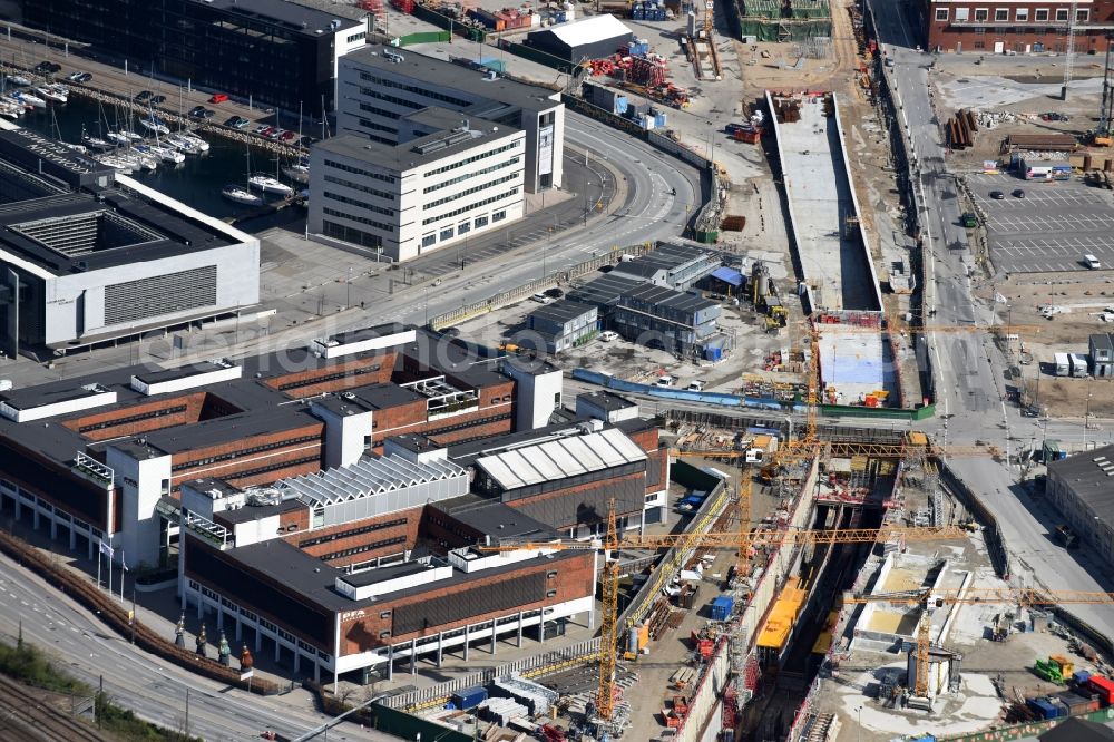 Aerial photograph Kopenhagen - Construction site for new train- tunnel construction of ARGE MetNord JV and Zueblin A/S and Hochtief Solution AG in Copenhagen in Denmark