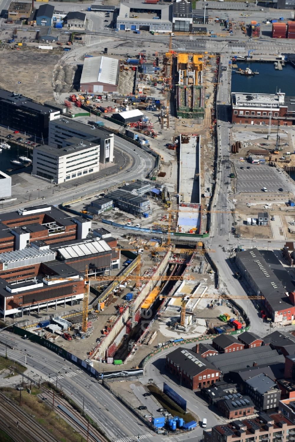 Aerial image Kopenhagen - Construction site for new train- tunnel construction of ARGE MetNord JV and Zueblin A/S and Hochtief Solution AG in Copenhagen in Denmark