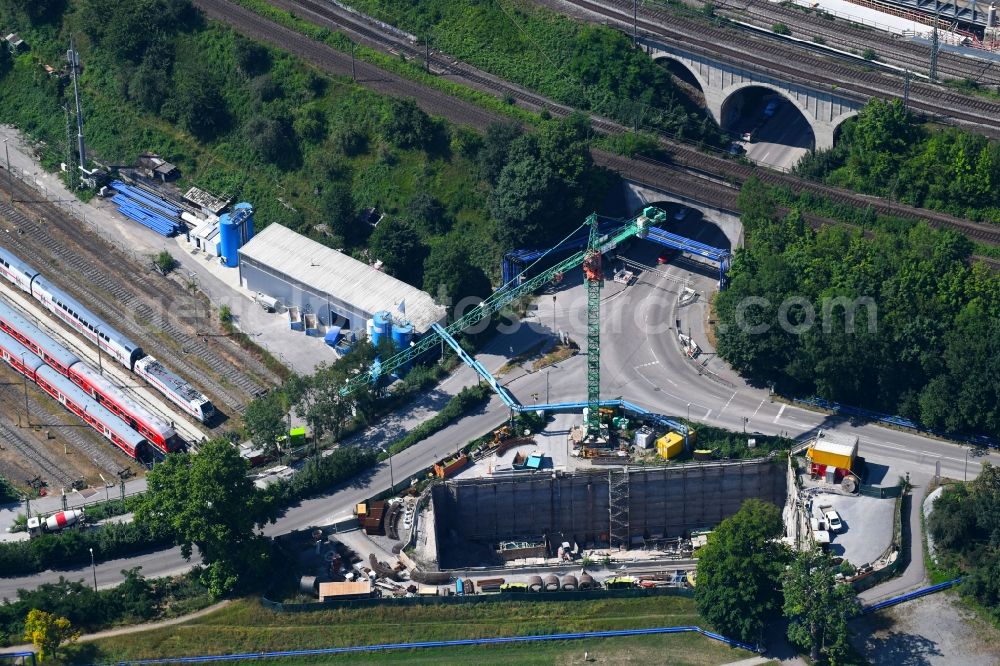 Stuttgart from above - Construction site for new train- tunnel construction of Tunnel Bad Cannstatt on Ehmannstrasse in Stuttgart in the state Baden-Wuerttemberg, Germany