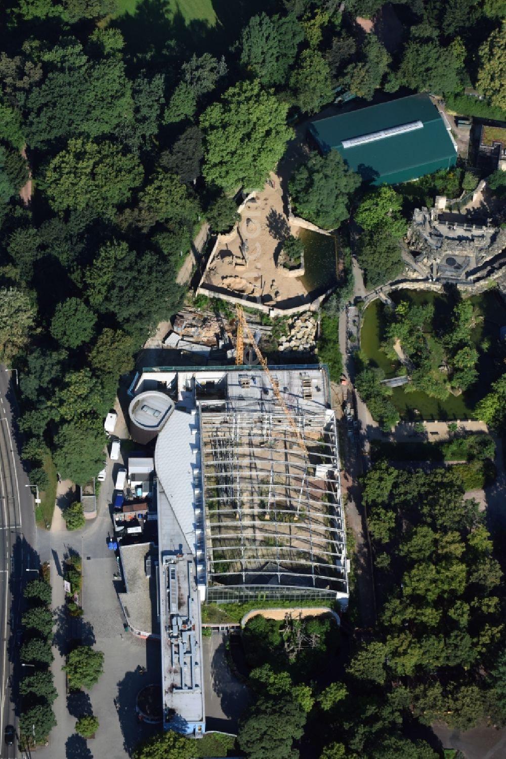 Dresden from above - Construction for the reconstruction of the Afrikahaus of the Dresdener Zoo in Dresden in the state Saxony