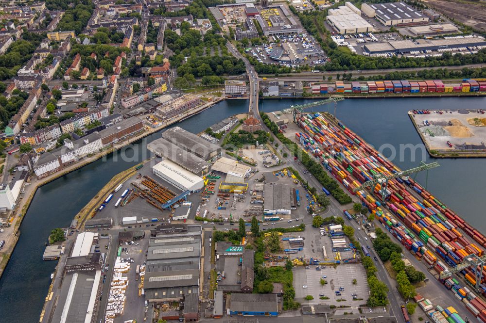 Aerial image Dortmund - Construction site for the conversion and extension of a former storage building of the inland port to the Lensing Media Port on Speicherstrasse in Dortmund in the Ruhr area in the state of North Rhine-Westphalia, Germany