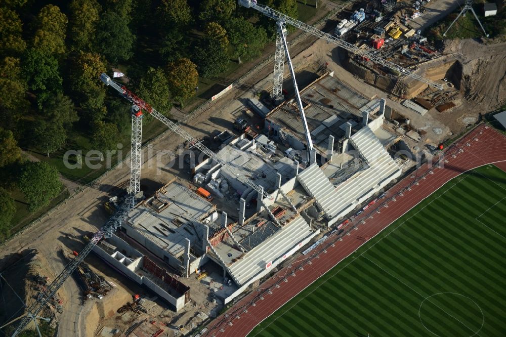 Aerial image Erfurt - Site for the reconstruction of the Arena stadium Steigerwaldstadion in Erfurt in Thuringia. The construction company Koester GmbH build after drafts of Architetur HPP Hentrich-Petschnigg & Partner GmbH + Co. KG a modern grandstand and sports facilities