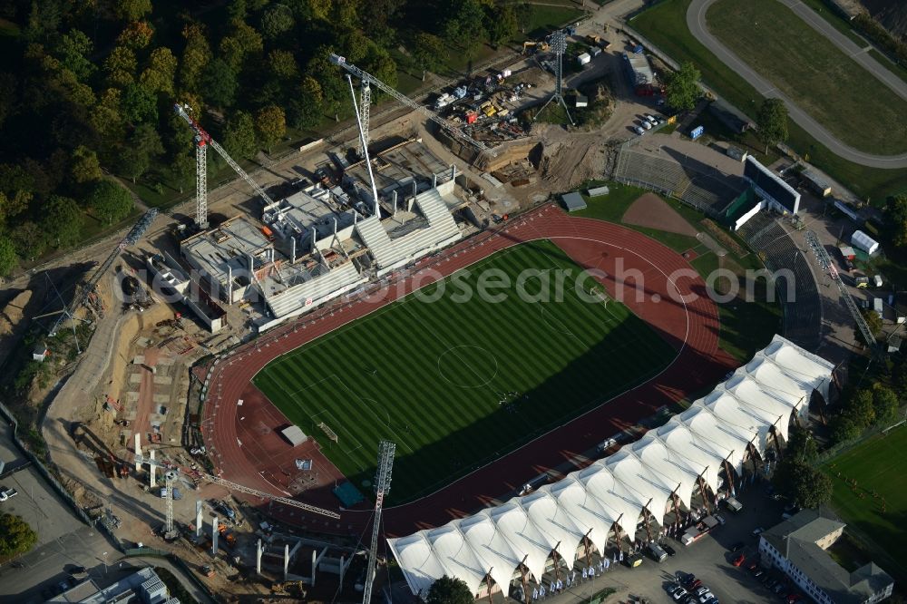 Aerial photograph Erfurt - Site for the reconstruction of the Arena stadium Steigerwaldstadion in Erfurt in Thuringia. The construction company Koester GmbH build after drafts of Architetur HPP Hentrich-Petschnigg & Partner GmbH + Co. KG a modern grandstand and sports facilities