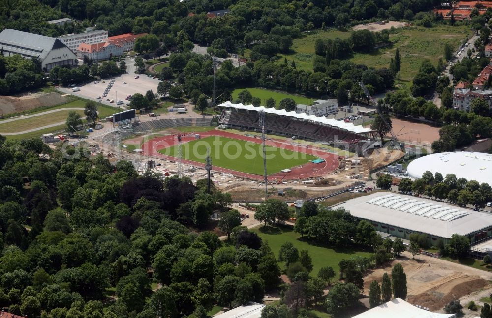 Erfurt from above - Site for the reconstruction of the Arena stadium Steigerwaldstadion in Erfurt in Thuringia. The construction company Koester GmbH build after drafts of Architetur HPP Hentrich-Petschnigg & Partner GmbH + Co. KG a modern grandstand and sports facilities