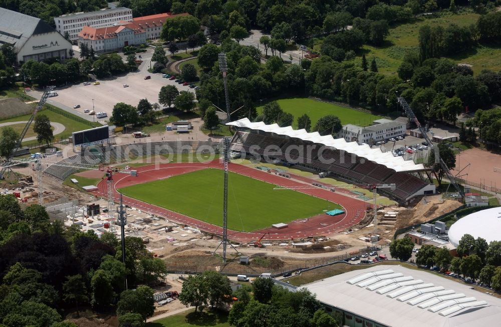 Erfurt from the bird's eye view: Site for the reconstruction of the Arena stadium Steigerwaldstadion in Erfurt in Thuringia. The construction company Koester GmbH build after drafts of Architetur HPP Hentrich-Petschnigg & Partner GmbH + Co. KG a modern grandstand and sports facilities