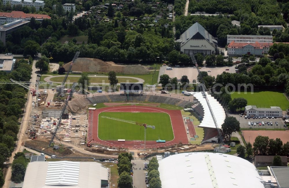 Erfurt from above - Site for the reconstruction of the Arena stadium Steigerwaldstadion in Erfurt in Thuringia. The construction company Koester GmbH build after drafts of Architetur HPP Hentrich-Petschnigg & Partner GmbH + Co. KG a modern grandstand and sports facilities