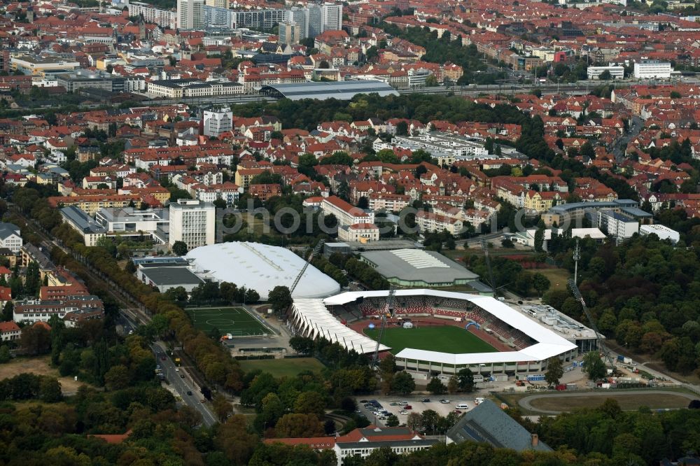 Erfurt from above - Site for the reconstruction of the Arena stadium Steigerwaldstadion in Erfurt in Thuringia. The construction company Koester GmbH build after drafts of Architetur HPP Hentrich-Petschnigg & Partner GmbH + Co. KG a modern grandstand and sports facilities