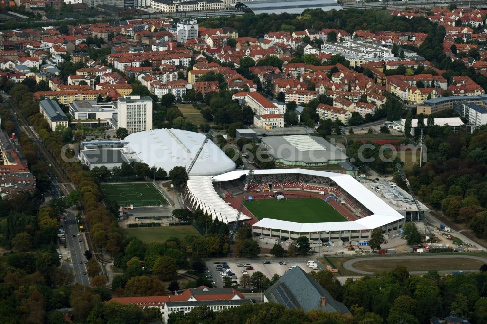 Aerial image Erfurt - Site for the reconstruction of the Arena stadium Steigerwaldstadion in Erfurt in Thuringia. The construction company Koester GmbH build after drafts of Architetur HPP Hentrich-Petschnigg & Partner GmbH + Co. KG a modern grandstand and sports facilities