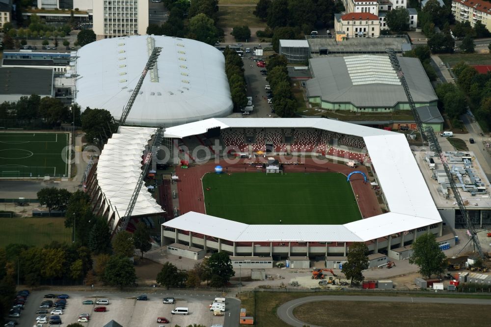 Erfurt from the bird's eye view: Site for the reconstruction of the Arena stadium Steigerwaldstadion in Erfurt in Thuringia. The construction company Koester GmbH build after drafts of Architetur HPP Hentrich-Petschnigg & Partner GmbH + Co. KG a modern grandstand and sports facilities