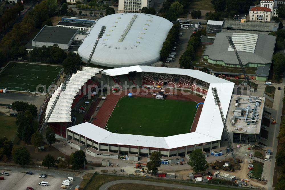 Erfurt from above - Site for the reconstruction of the Arena stadium Steigerwaldstadion in Erfurt in Thuringia. The construction company Koester GmbH build after drafts of Architetur HPP Hentrich-Petschnigg & Partner GmbH + Co. KG a modern grandstand and sports facilities