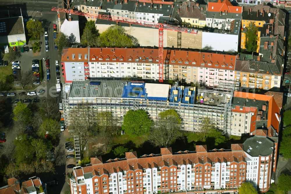 Berlin from above - Construction for the reconstruction and expansion of the old building on Diedenhofener Strasse - Strassburger Strasse - Sedanstrasse in the district Spandau in Berlin, Germany