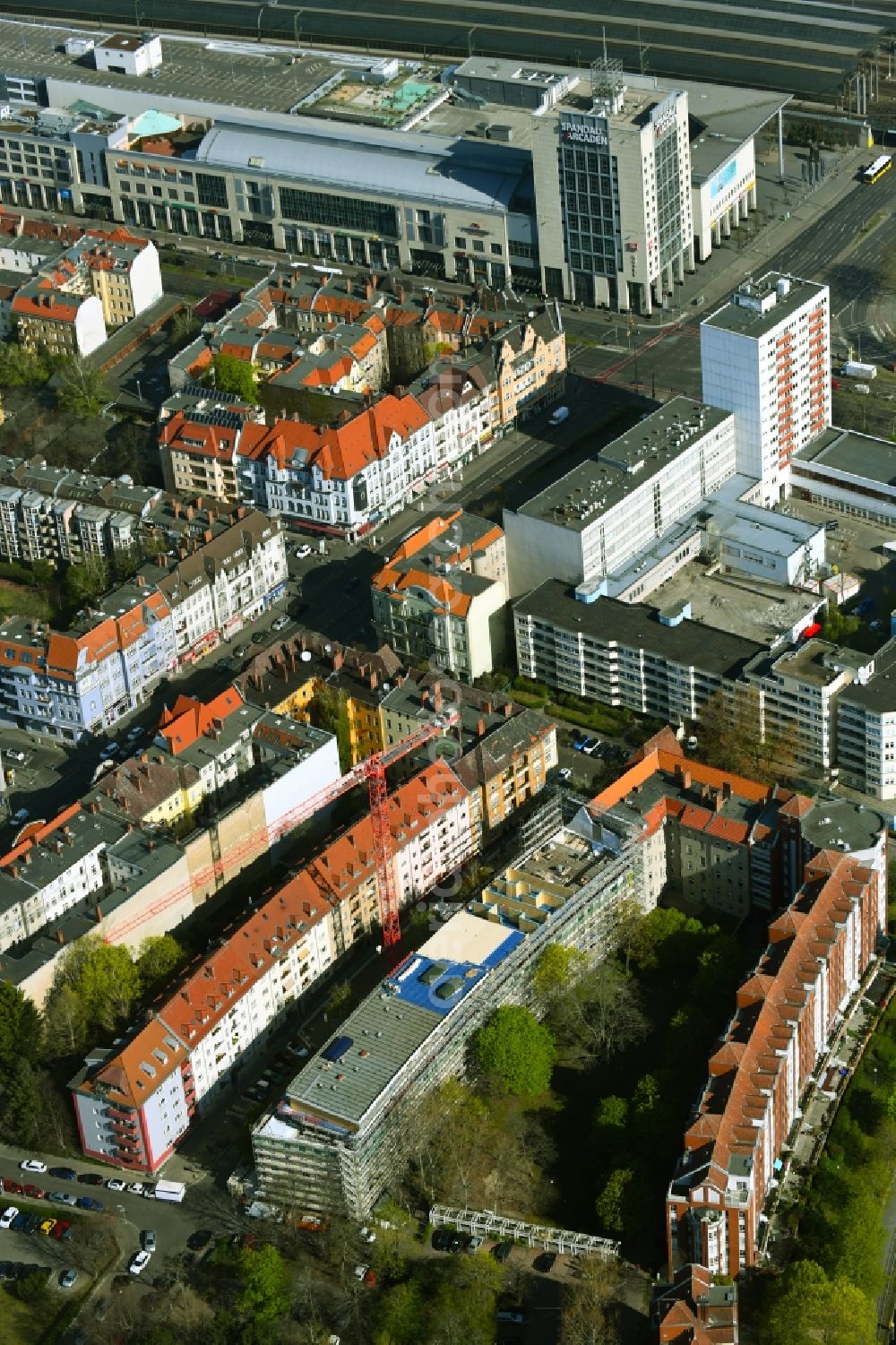 Berlin from above - Construction for the reconstruction and expansion of the old building on Diedenhofener Strasse - Strassburger Strasse - Sedanstrasse in the district Spandau in Berlin, Germany